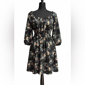 A.U.W Black Floral Long Sleeve Mini Dress Smocked Waist Size Large